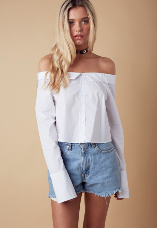 off the shoulder white dress shirt White Off-Shoulder Asymmetrical Dress Shirt | Lisa - BlackPink