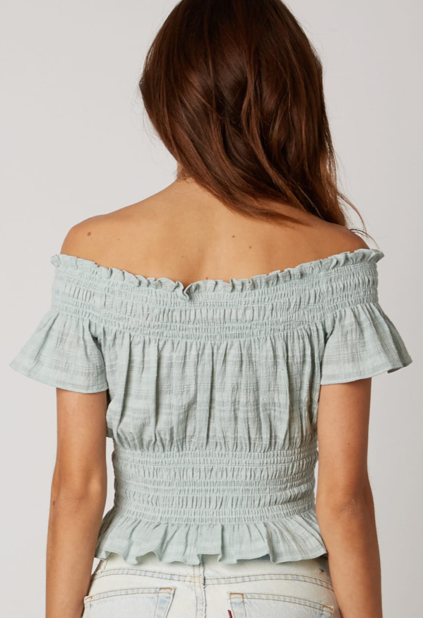 Fashion Off Shoulder Celadon Ruffle Elastic Top