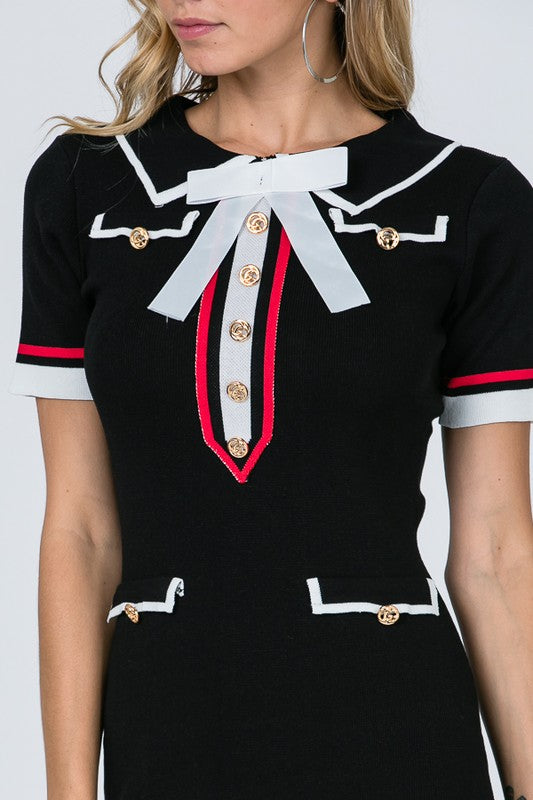 Elegant White Bow Red White Striped Detailed Black Dress