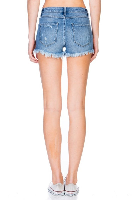 Ripped Short Jean with Blue Wash Pearl Studs Detailed