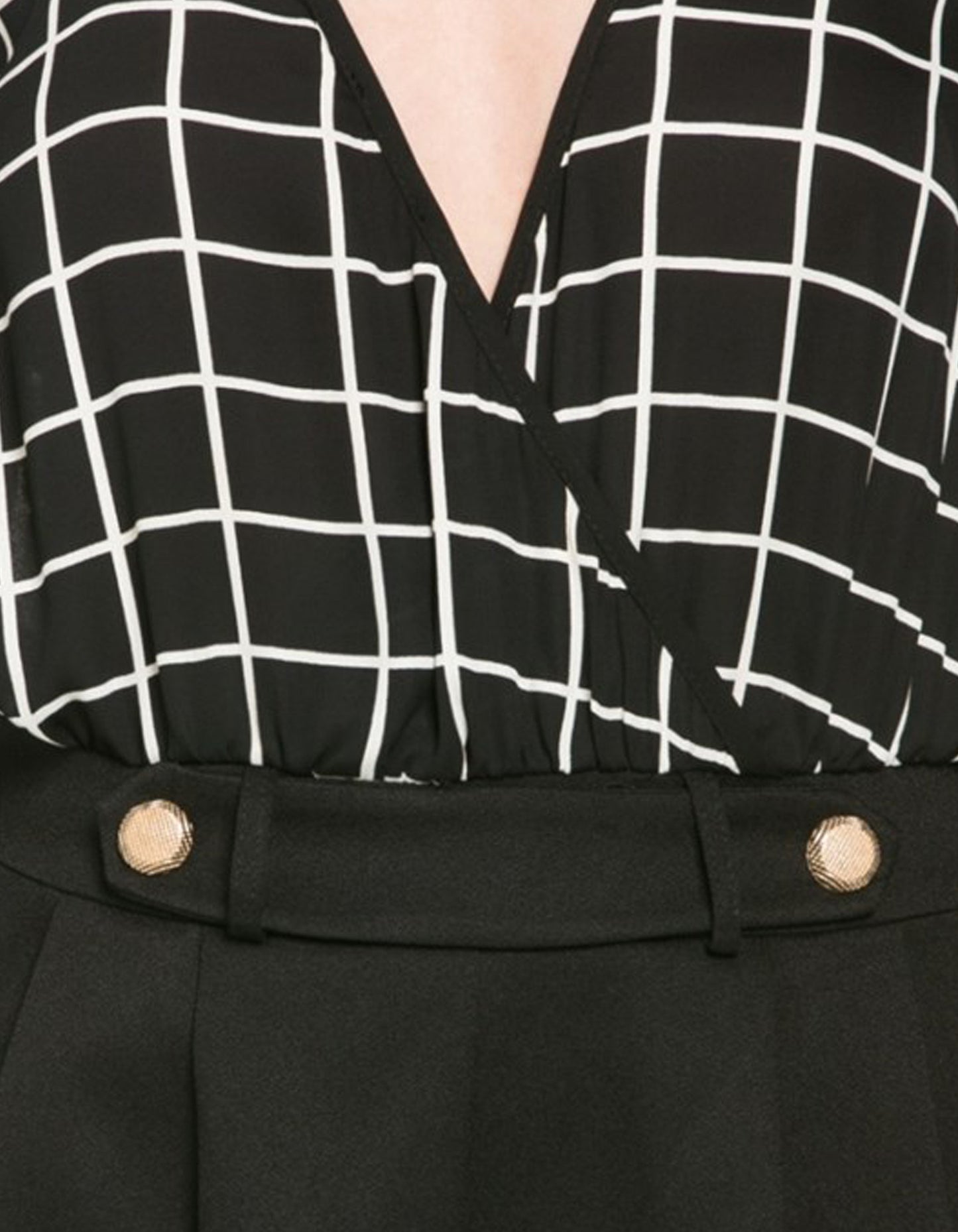 Checkered Print Romper with Front Gold Button