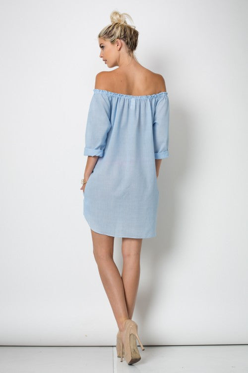 Resort Off Shoulder Marine Style Button Down Dress