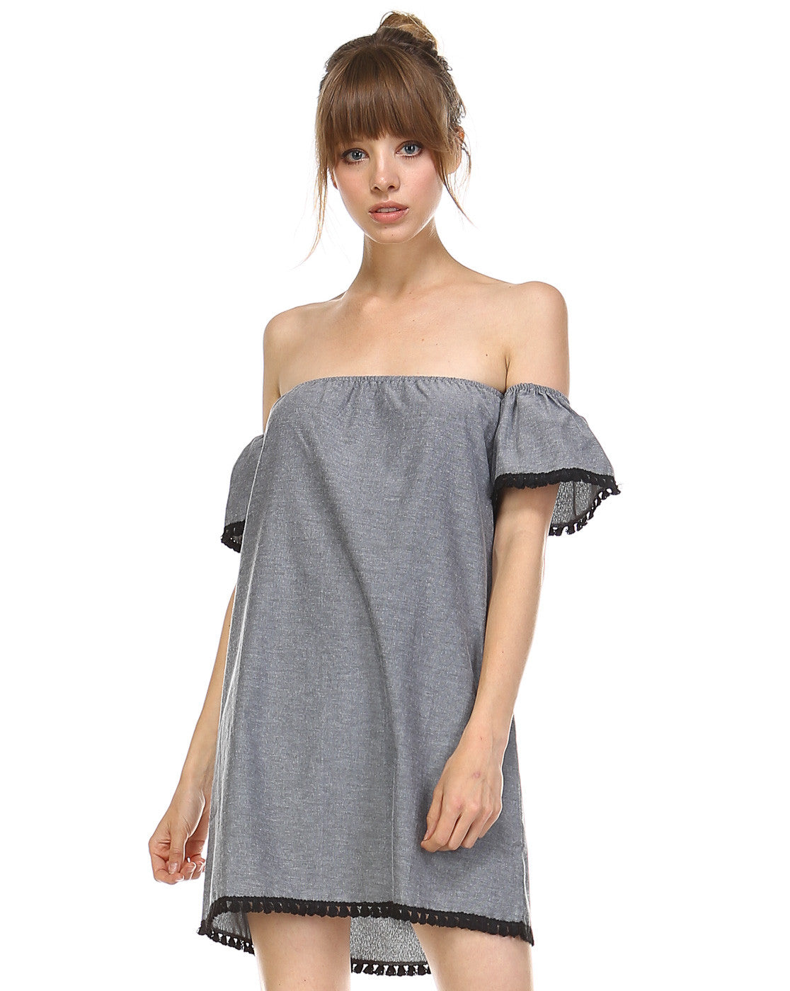 black off the shoulder denim dress Buxom Couture Plus Size Off Shoulder Denim Mini Dress