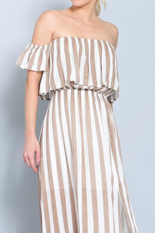Fashion Summer Off Shoulder Beige Marine Ruffle Cut Out Maxi Dress