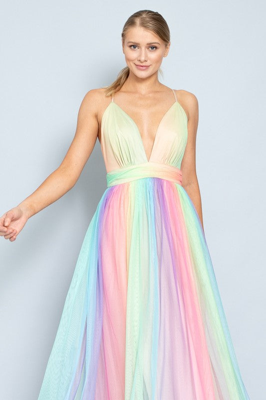 Elegant Strap Multi-Color Deep V-Neck Gown