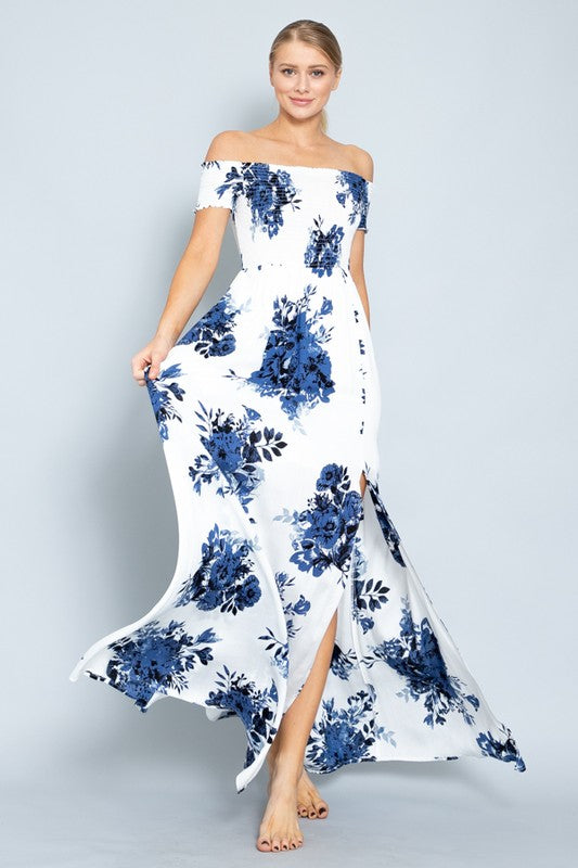 Fashion Off Shoulder Off White Navy Floral Print Elastic Maxi Dress EDITE MODE Fashion Off Shoulder Off White Navy Floral Print Elastic Maxi Dress EDITE MODE