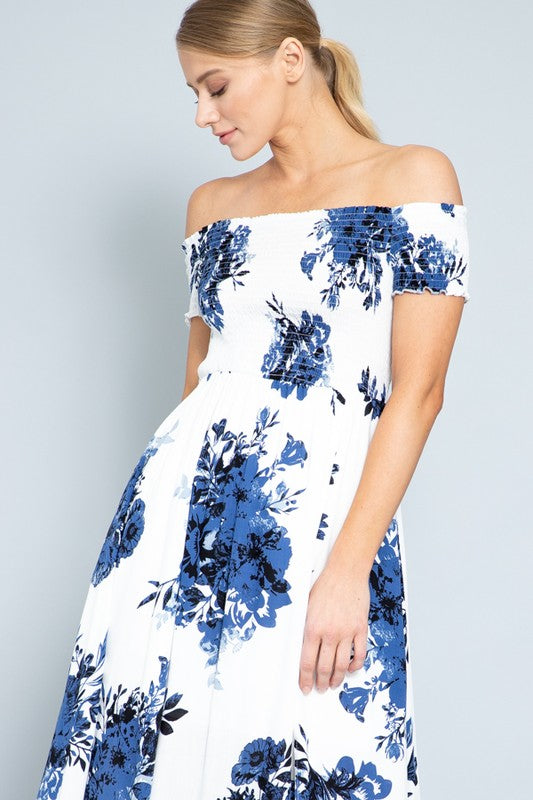 Fashion Off Shoulder Off White Navy Floral Print Elastic Maxi Dress