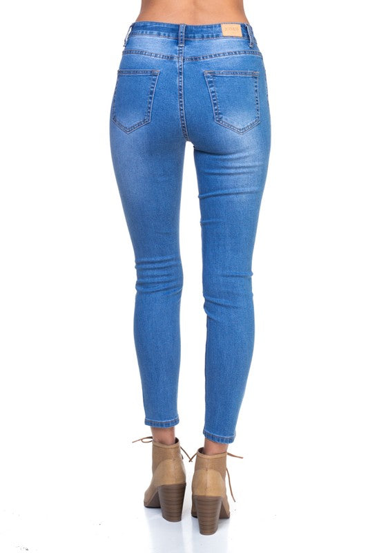 Skinny Jean with Medium Blue Wash Side Striped Crystal Detailed