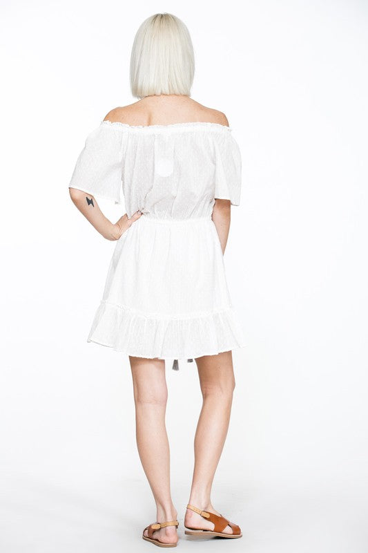 Summer Off Shoulder Silver Tassel Detailed Textured White Dress