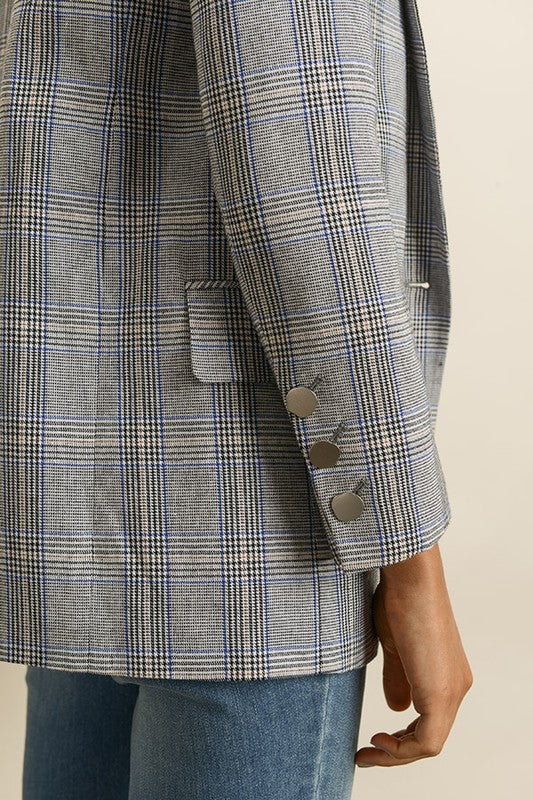 Fashion Grey Blue Checkered Blazer Jacket