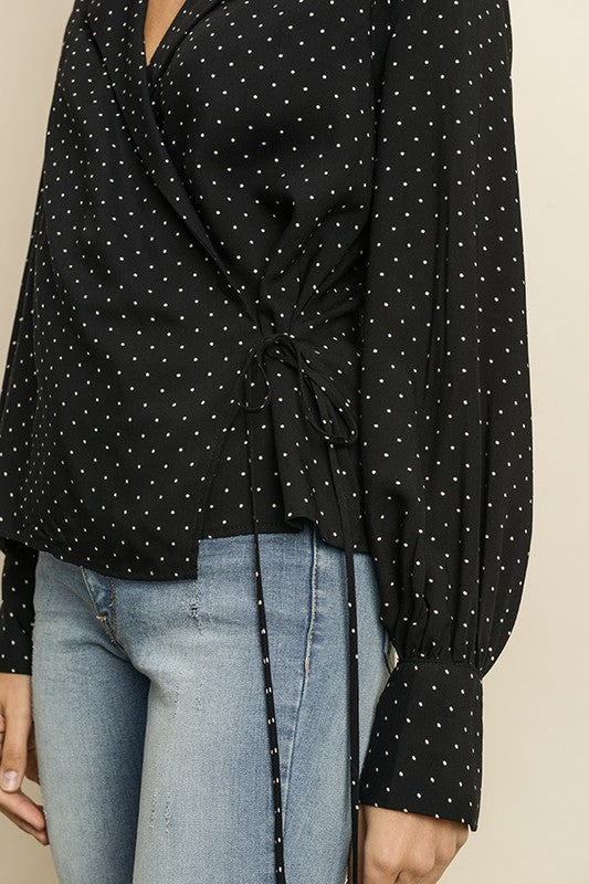Fashion Black Polka Dot Wrap Tie-Up Blouse