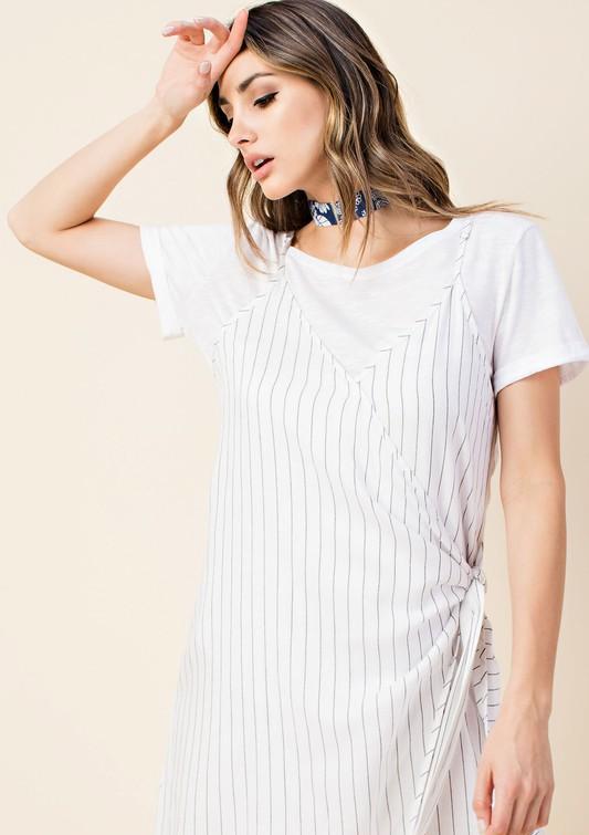 Summer Grey Striped Tie-Up White Dress