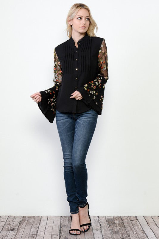 Elegant Floral Embroideries Bell Sleeve Black Shirt