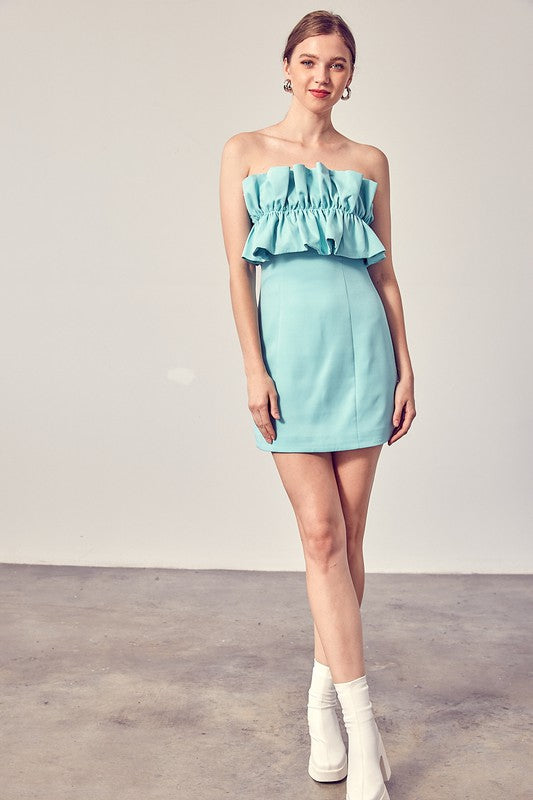 Fashion Strapless Light Aqua Ruffle Back Tie-Up Dress