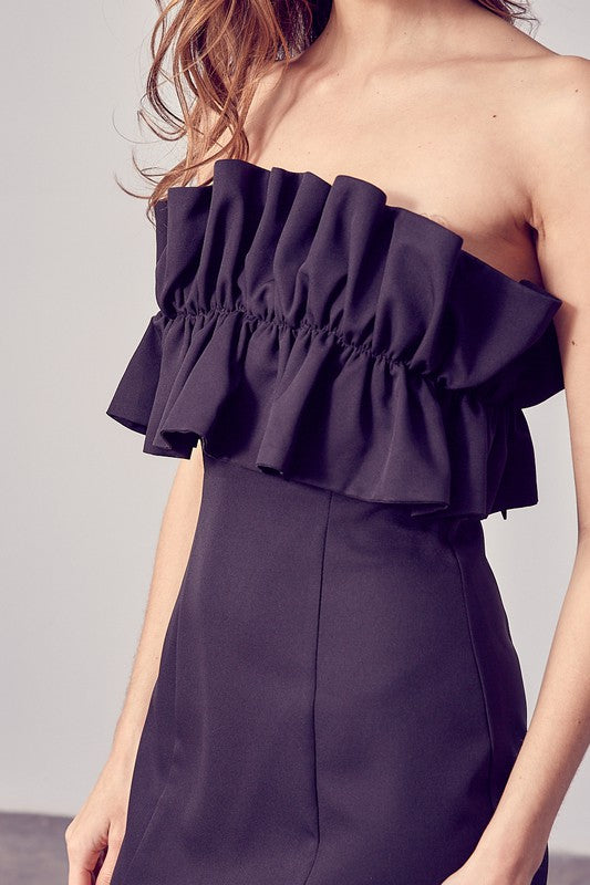 Fashion Strapless Black Ruffle Back Tie-Up Dress