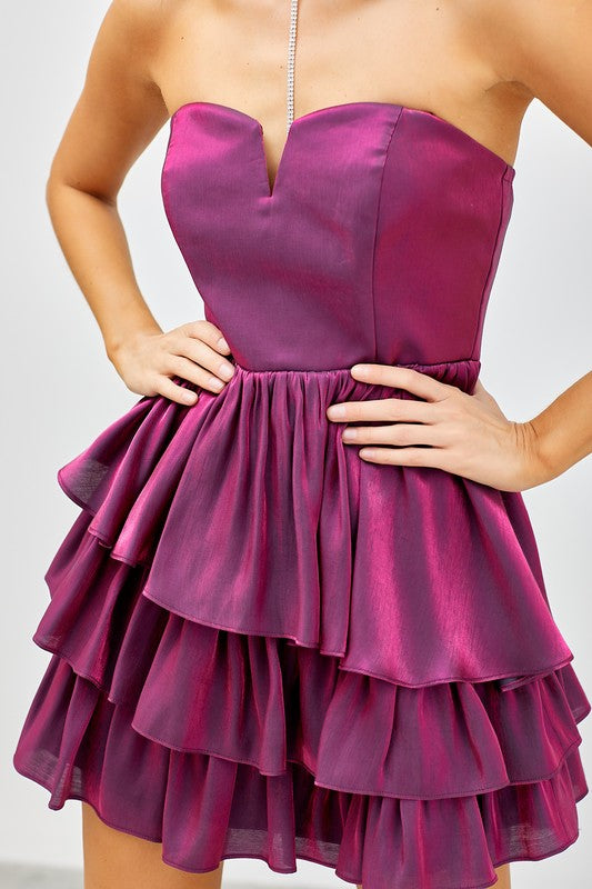 Elegant Strapless V-Neck Deep Berry Satin Ruffle Dress
