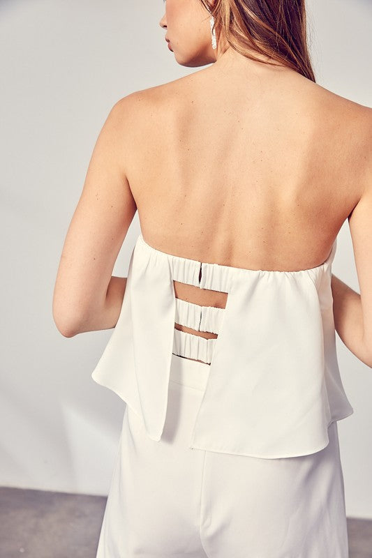 Elegant Strapless White Ruffle Wide Leg Jumpsuit