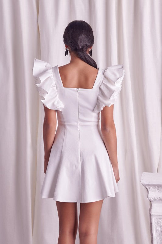 Fashion White Band Ruffle Sleeve Detailed Cut-Out Dress