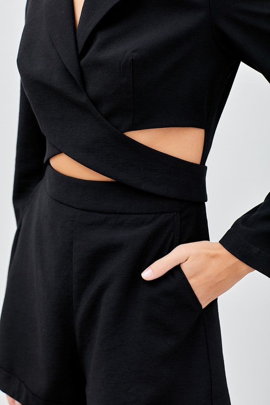 Fashion Black Cut-Out Romper with Long Sleeve
