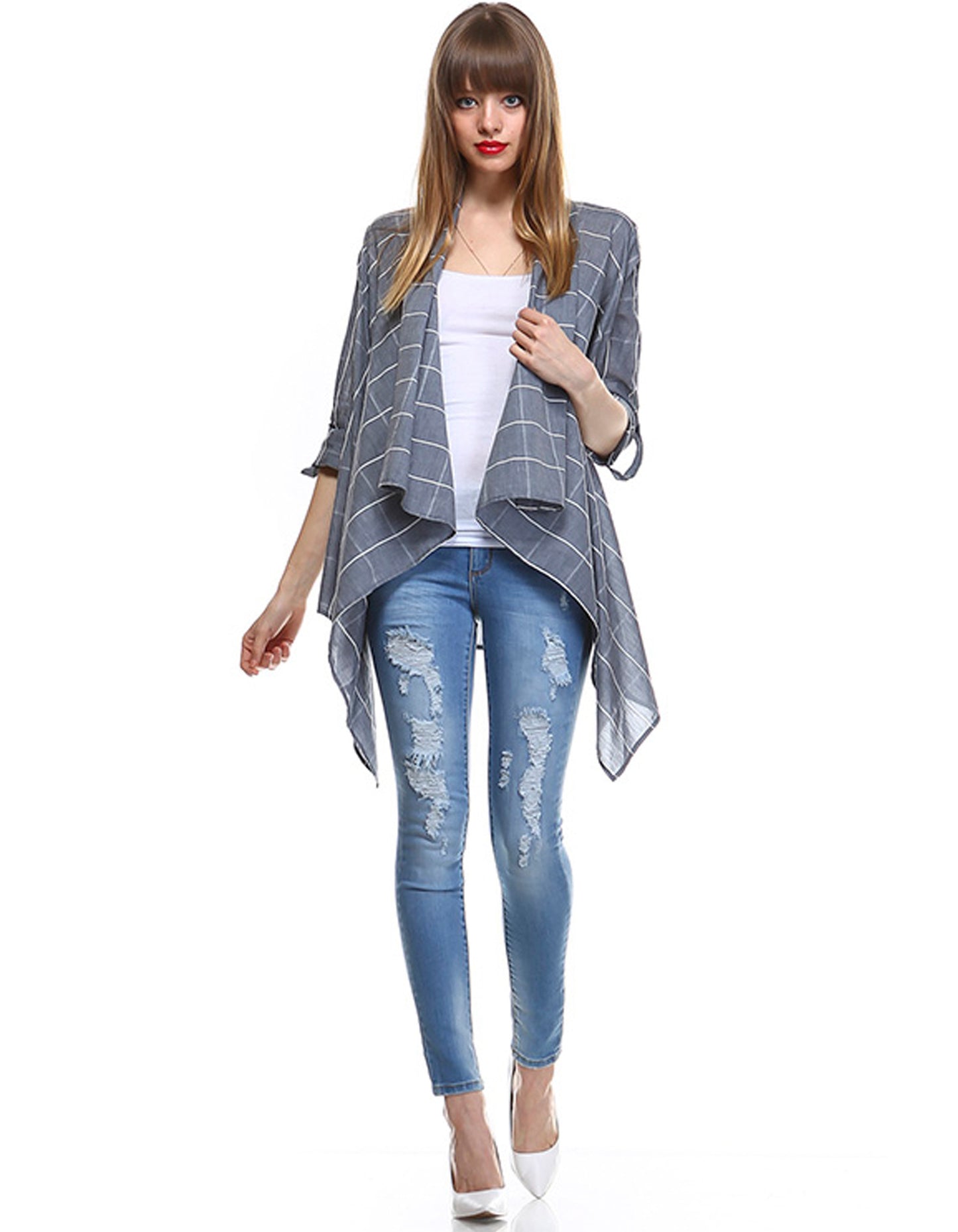 Grey Roll Up Sleeves Checkered Cardigan