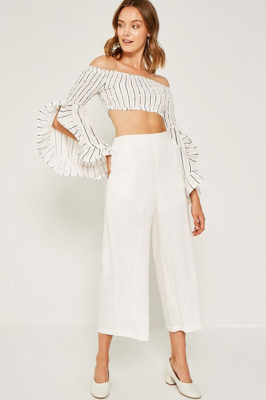 Elegant Off White Contrast Off Shoulder Crop Top with Bell Sleeve