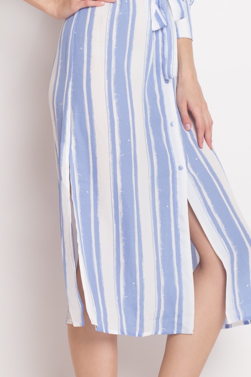 Fashion Off Shoulder White Striped Blue Dress