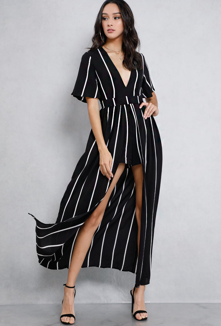 black maxi romper dress Maxi Mesh Romper | Black Sheer Mesh Overlay