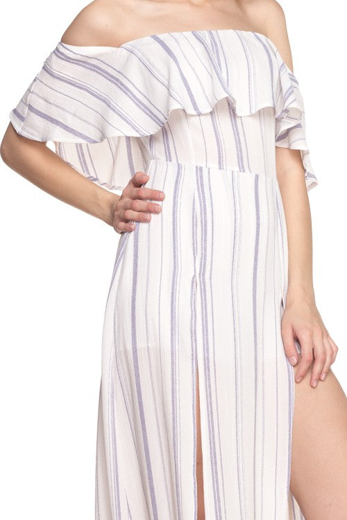 Fashion Off Shoulder Ruffle Marine Contrast Maxi Romper