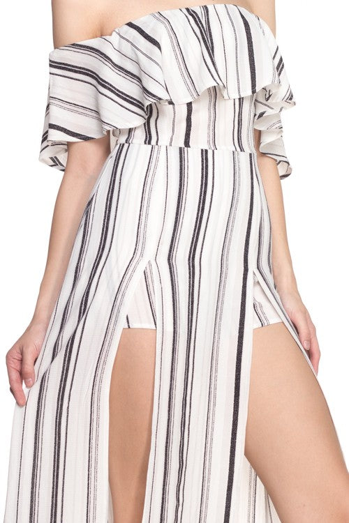 Fashion Off Shoulder Ruffle White Contrast Maxi Romper