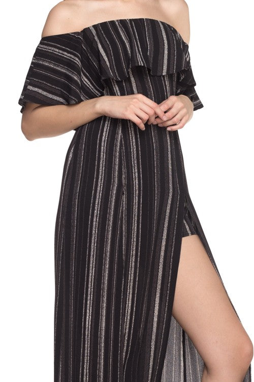 Fashion Off Shoulder Ruffle Black Contrast Maxi Romper