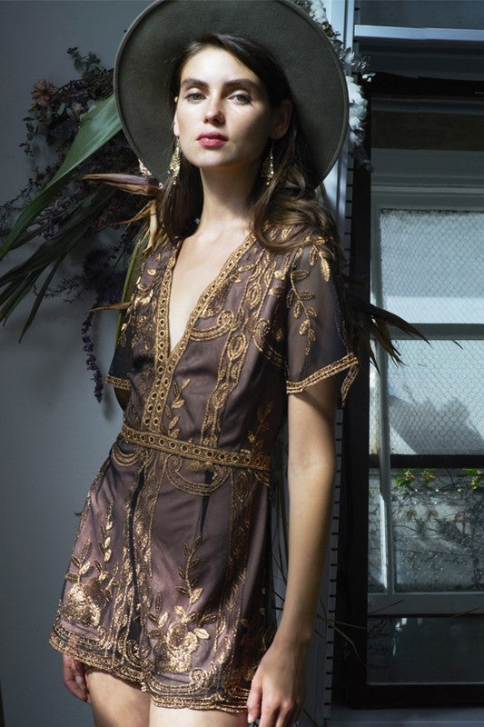 Elegant Black Floral Lace Bronze Romper