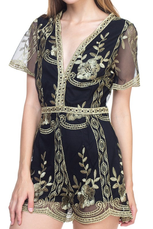 Elegant Black Floral Lace Gold Romper