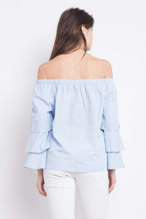 Fashion Off Shoulder Ruffle Blue Top with Bell Sleeve