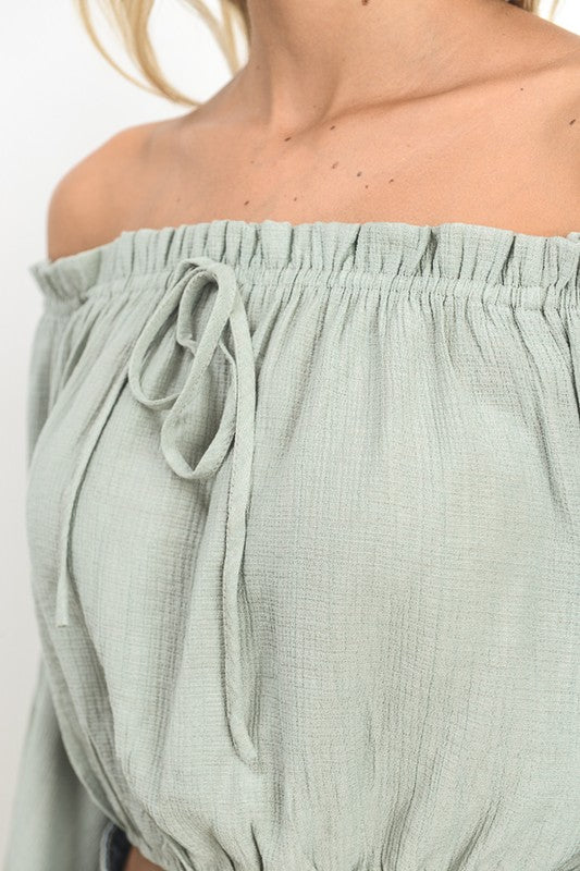 Summer Off Shoulder Crop Sage Top with Bell Sleeve