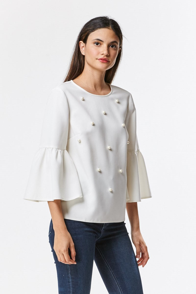 Elegant Pearl White Bell Sleeve Blouse