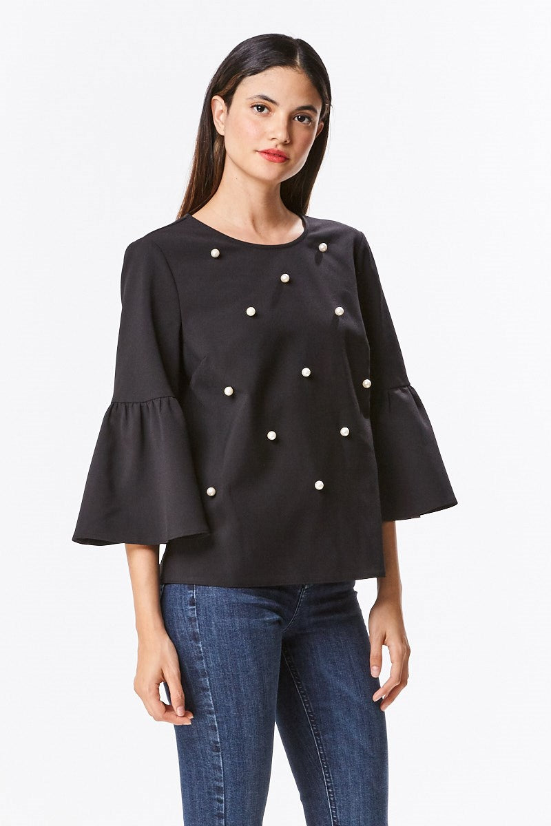 Elegant Pearl Black Bell Sleeve Blouse