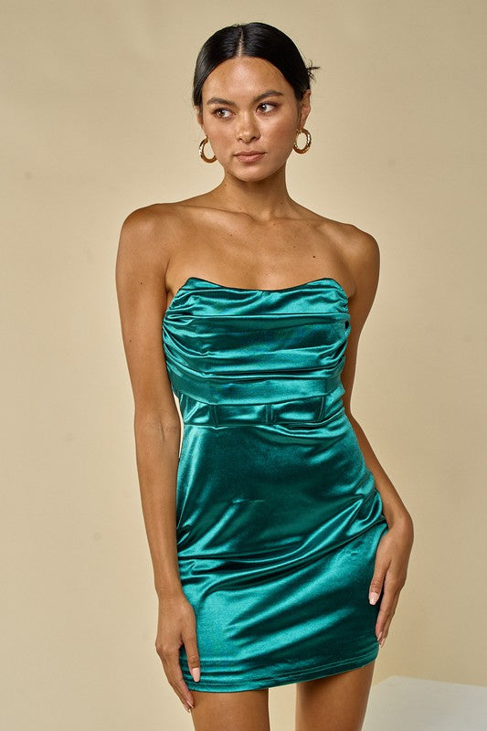 Fashion Hunter Green Satin Strapless Boning Detailed Bodycon Dress
