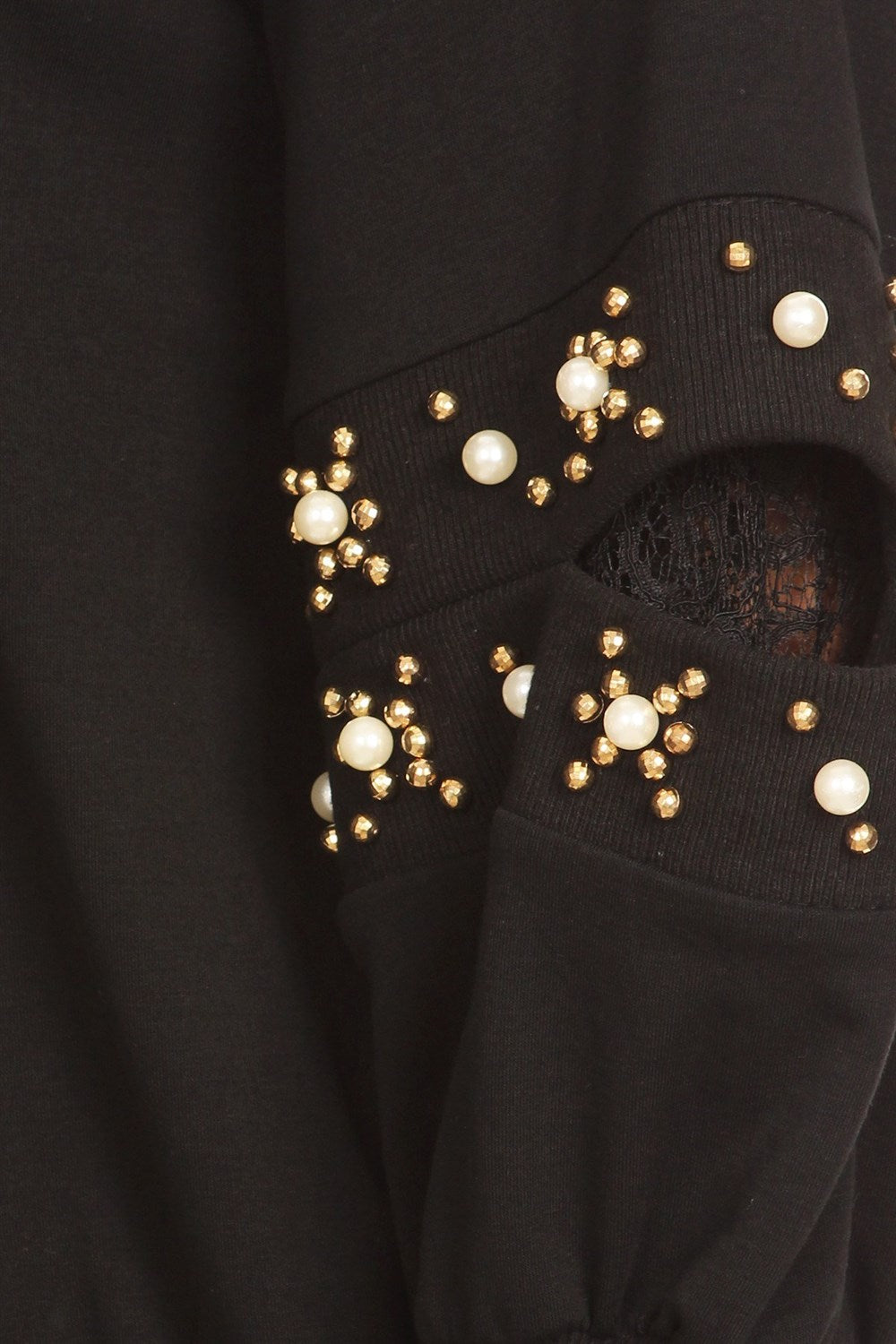 Fashion Pearl Gold Detailed Open Sleeve Black Lace Sweater