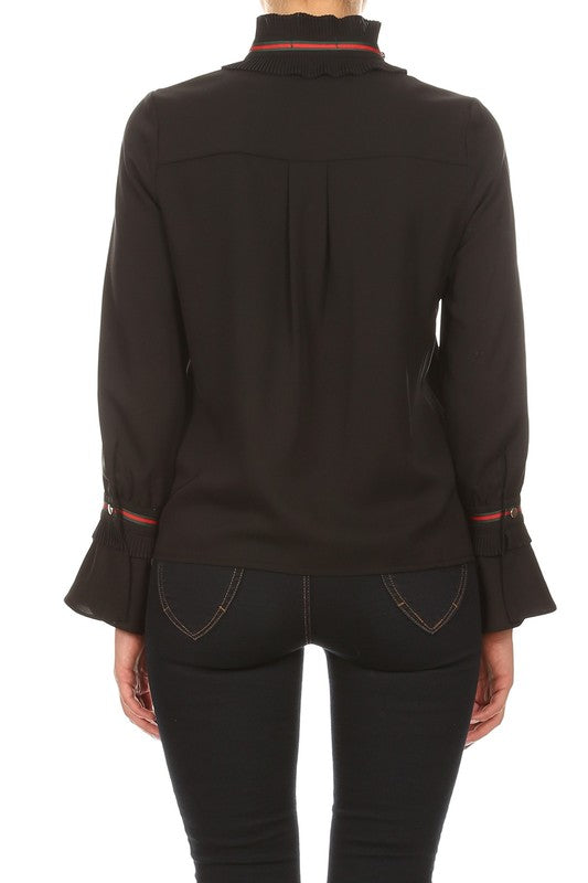 Elegant Ruffle Detailed Crystal Black Long Sleeve Blouse