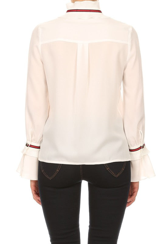Elegant Ruffle Detailed Crystal White Long Sleeve Blouse