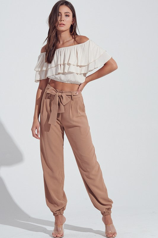 Elegant Camel Tie-Up High Waisted Jogger Pants