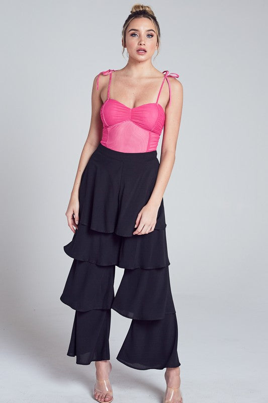 Elegant Black High Waisted Ruffle Layered Pants