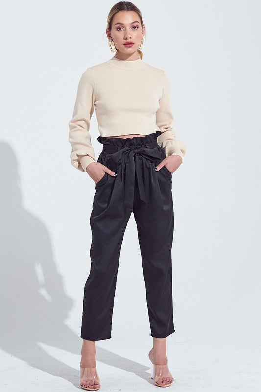 Elegant Black Satin High Waisted Tie-Up Pants