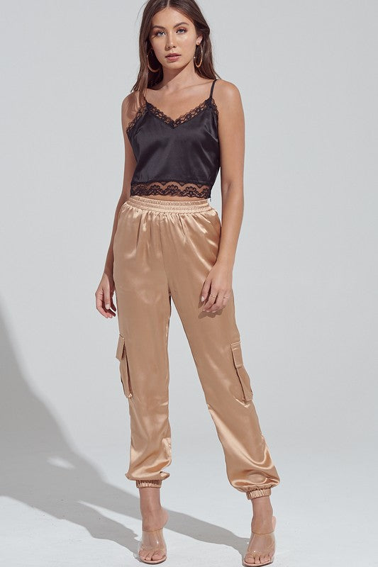 Elegant Satin Gold Cargo Jogger Pants