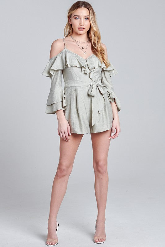 Fashion Strap Sage Tie-Up Ruffle Cold Shoulder Romper