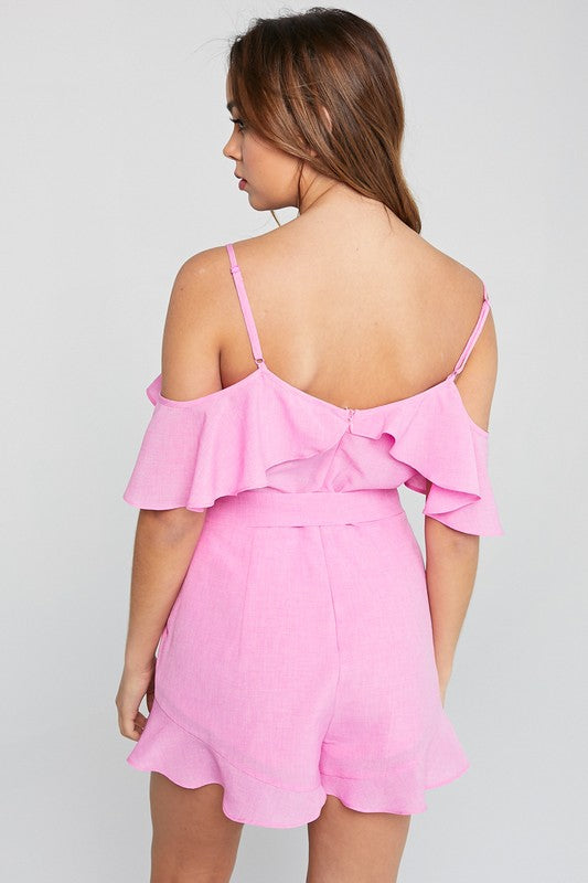 Fashion Summer Strap Pink Tie-Up Ruffle Sleeveless Romper