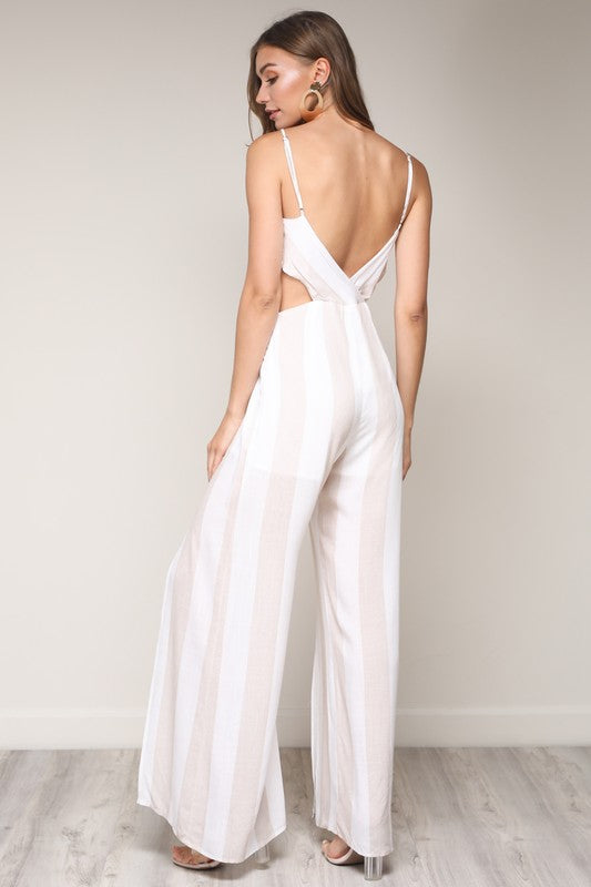 Elegant Beige Striped White Cut Out Jumpsuit