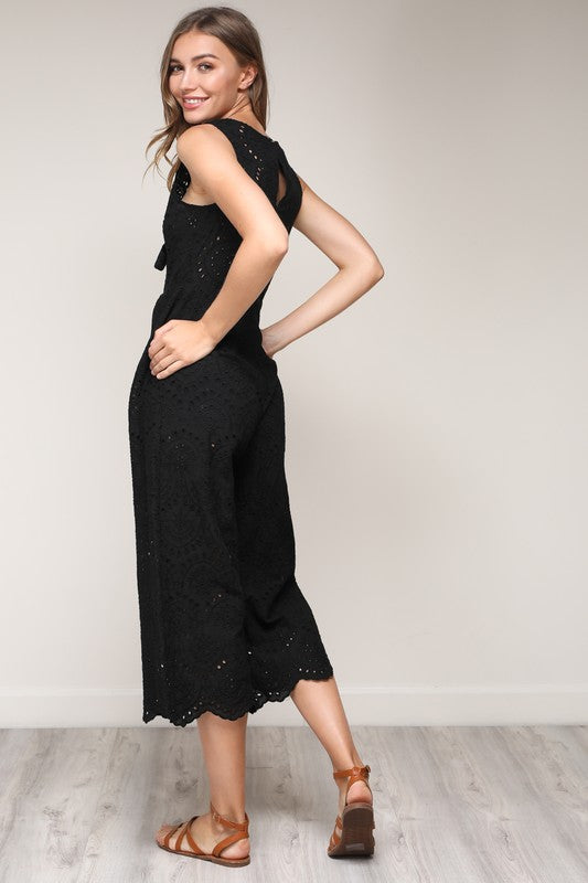 Elegant Black Lace Jumpsuit with Tie-Up Detailed