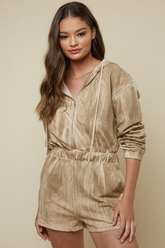 Fashion Tan Washed Zipper Romper with Long Sleeve L / Tan Fashion Tan Washed Zipper Romper with Long Sleeve L / Tan