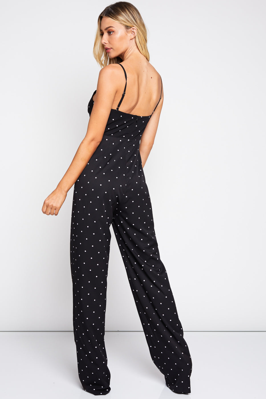 Fashion Strap Polka Dot Tie-Up Black Jumpsuit